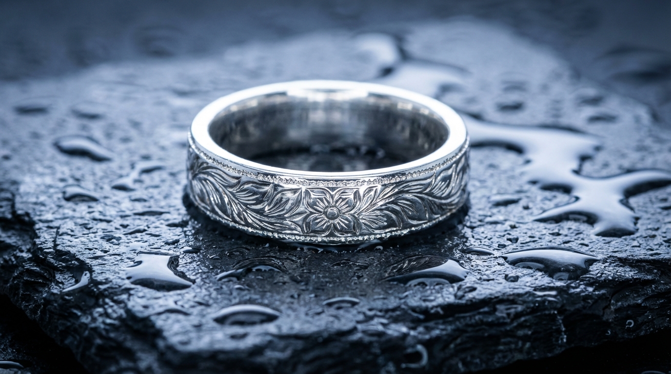 Subject: A sterling silver ring with intricate floral engravings. Environment: Placed on dark slate stone, splashed with water droplets. Lighting: Cool-toned ring light ensuring even reflection, sparking highlights on the metal edges. Detail: Extremely sharp focus on the engraving work, hyper-realistic metal shader.