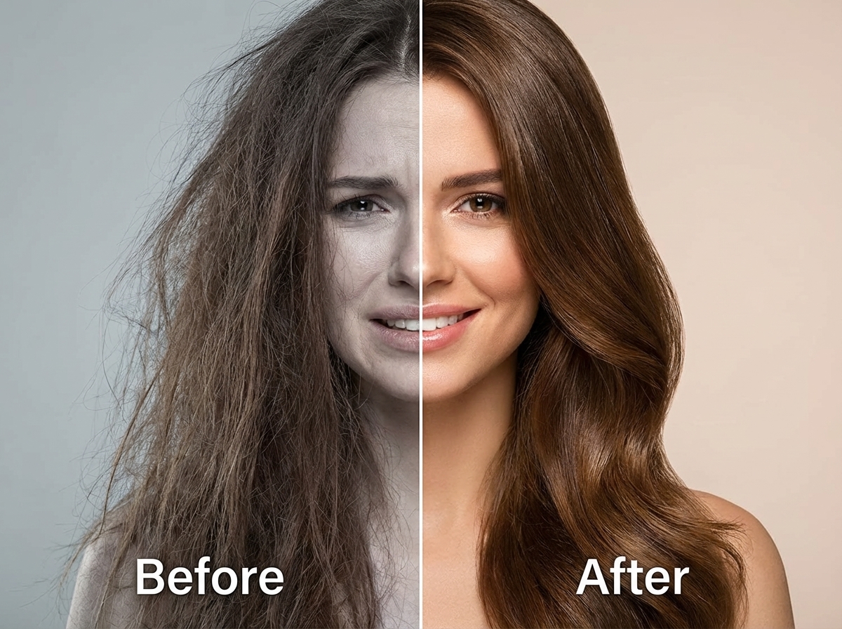 Layout: Split screen comparison. Left Side: Labeled "Before", showing dull, frizzy hair texture, desaturated colors. Right Side: Labeled "After", showing shiny, smooth hair, vibrant colors. Style: Photorealistic beauty shot, soft lighting on the right side.