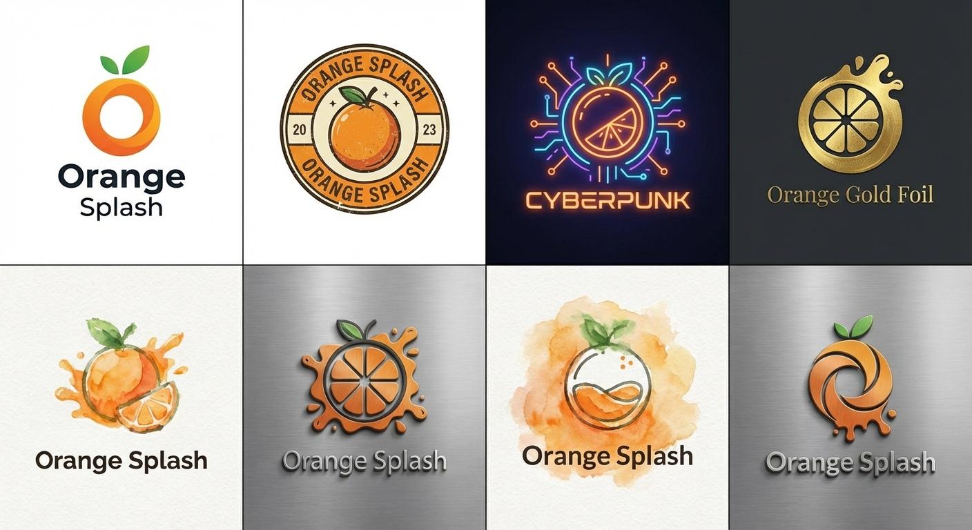 Subject: A grid of 8 different professional logo variations for a brand named 'Orange Splash', based on the attached rough sketch. 
Variations: 
1) Minimalist: Clean line art of an orange and a splash, sans-serif font. 
2) Vintage: Retro emblem style, textured, with a banner and aged colors. 
3) Cyberpunk: Neon glowing lines, glitch effect, futuristic tech font. 
4) Luxury Gold Foil: Elegant, embossed gold foil on dark textured paper, serif font. 
5) Watercolor: Soft, hand-painted orange and blue splash, organic shapes. 
6) 3D Emblem: Raised, metallic orange slice and splash on a shield, realistic render. 
7) Flat Design: Simple, colorful, geometric shapes, friendly sans-serif font. 
8) Abstract: Stylized, abstract shapes representing an orange and motion. 
Layout: Arranged in a neat 4x2 grid.