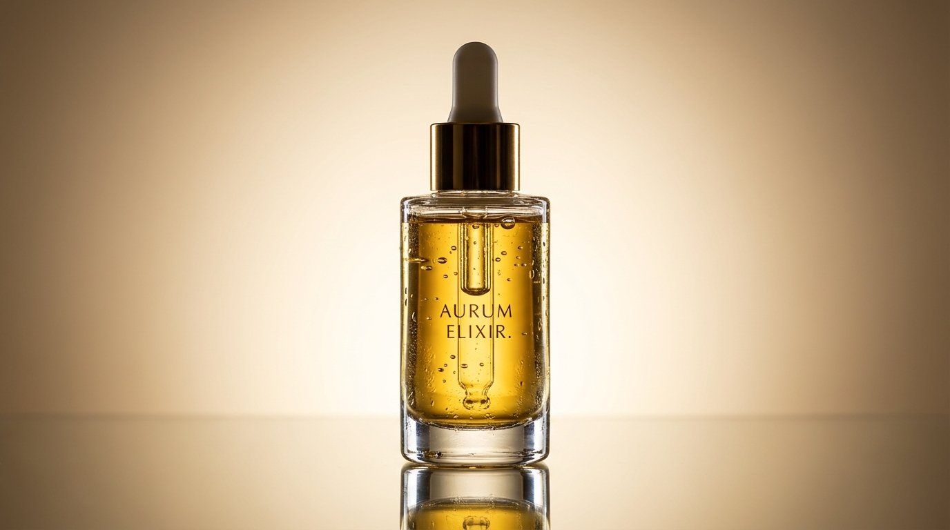 A high-end glass dropper bottle of golden serum, placed on a mirrored surface. Lighting: Soft cinematic backlighting creating a glowing effect through the liquid, sharp rim lighting highlighting the bottle's silhouette. Details: Tiny air bubbles suspended in the serum, condensation droplets on the glass, 100mm macro lens focus. Style: Luxury commercial photography, 4k resolution, photorealistic.